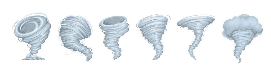 Tornano icons. Hurricane icon. Cartoon set of destructive tornado, whirlwinds or climate threat vector illustration.