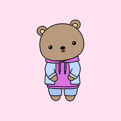 Cute bear in jeans jacket and hoodie vector illustration