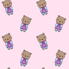Cute bear in jeans jacket and hoodie vector seamless pattern illustration