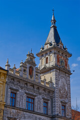 Fototapeta na wymiar “Prachatice” town hall historic tower on the square of South Bohemia
