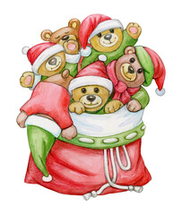 Christmas bag full of cute Teddy bears, isolated on white. Watercolor illustration.