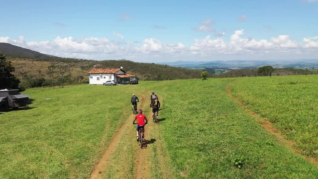 aerial view of cyclists on trail in Serra da Canastra, Minas Gerais, Brazil