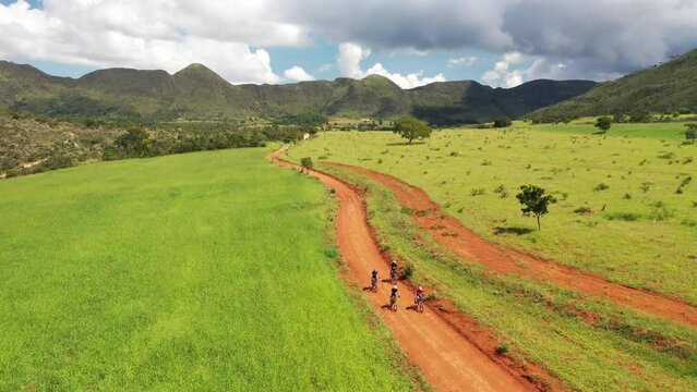 aerial view of cyclists on trail in Serra da Canastra, Minas Gerais, Brazil
