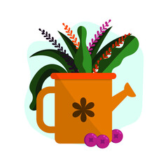 Aerial flat illustration Garden bouquet in a watering can with cranberries