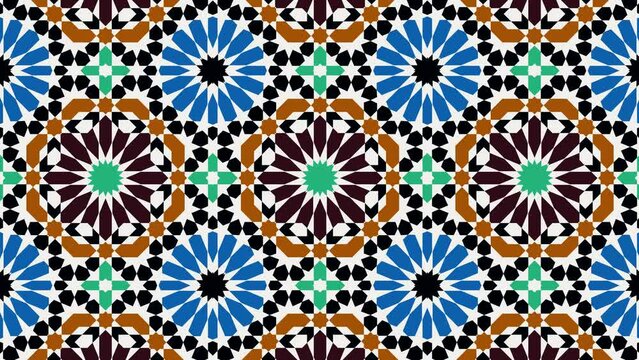 Kaleidoscopic moroccan pattern video. Islamic mosaic background. Transforming arabian ornament. Seamless loop animation. Girih motifs