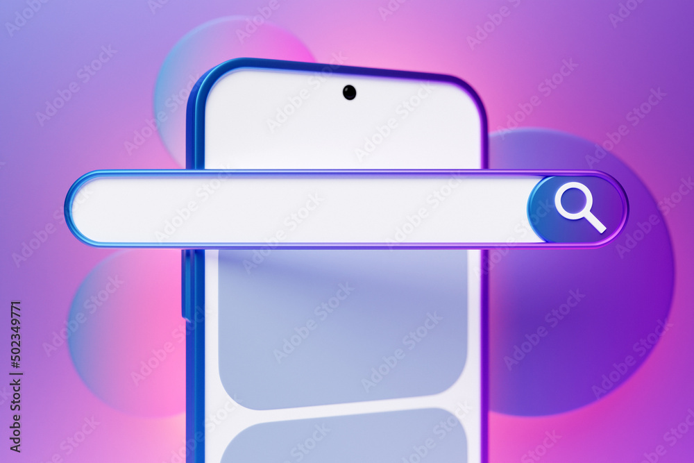 Poster 3d illustration of a smartphone with an open browser tab on the screen. internet search using smartp