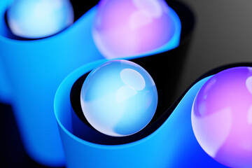 3d illustration geometric volumetric figure of a blue glowing balls with a blue ribbon around them on a идфсл  isolated background