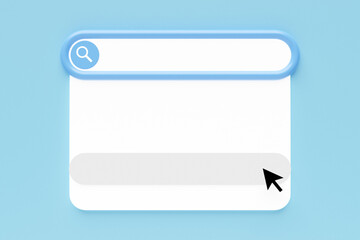 3D illustration search frame, box, panel on the internet with a magnifying glass icon, a large white field for choosing from options on a blue background