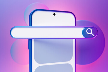 3d illustration of a smartphone with an open browser tab on the screen. Internet search using smartphone.