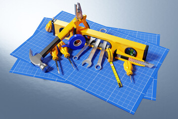 3D illustration of a metal hammer, screwdrivers, pliers, level, tape measure, electrical tape, cutter with yellow handle on graph paper. 3D rendering of a hand tool for repair and installation