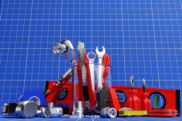 Construction tool shop service concept. set of all tools for home repair builder on a white background. 3d illustration