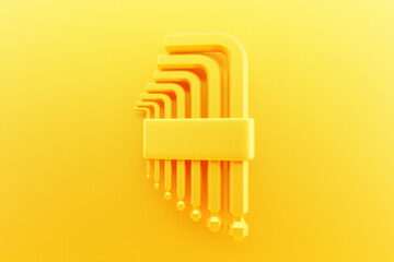 3D illustration of a yellow    tool allen key   hand tool isolated on a monocrome background. 3D render and illustration of repair and installation tool