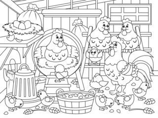 Agricultural premises, chicken coop. Farm bird, chicken family. Vector illustration, children coloring book. © toricheks