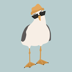 cute cartoon funny character seagull with sunglasses and summer hat vector illustration - 502350304