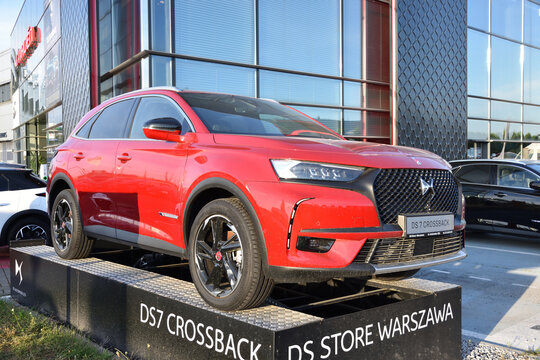 DS 7 (DS7) Crossback, premium sub-brand of Citroen, red car, exposition near DS Store Warszawa. WARSAW, POLAND - AUGUST 20, 2020