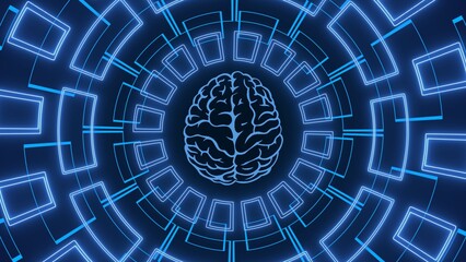 Technology background - Brain surrounded by graphic elements in blue - 3D Illustration