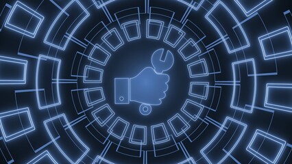 Technology background - Hand with wrench surrounded by arranged in a circle graphic elements in blue - 3D Illustration