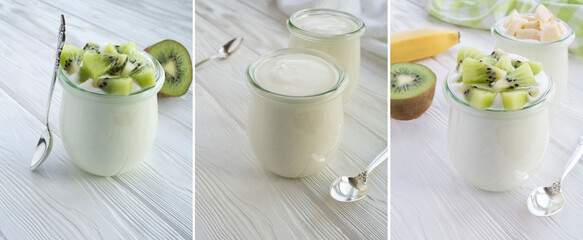 Collage of natural milk yogurt with kiwi and banana in the glass jars on the white wooden background