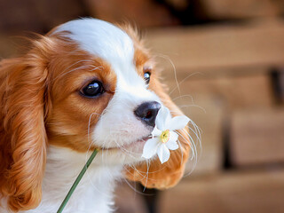 dog puppy 3 months old cavalier king charles spaniel for a walk in the summer in the park
