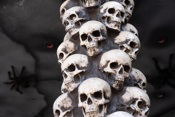 Skull Halloween Background Many People Skulls Stand on top of each other. Mystic creepy concept. Abstract nightmare occult memorial