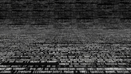 Lots of white text on black background. Animation. Endless white text of program code inside computer. System code appears endlessly and moves along curved black background