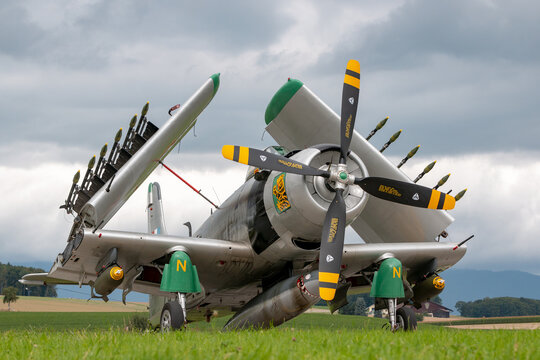 Payerne, Switzerland - August 31, 2014: Former French Air Force Douglas A-1D Skyraider single seat attack aircraft F-AZHK.