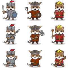 Vector illustrations of Cat characters in various medieval outfits. King, viking and knight costume. Vector illustration bundle