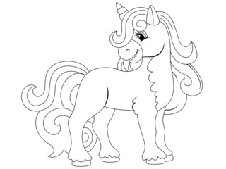 Cheerful unicorn. Raster illustration, children coloring book.