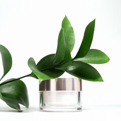 A mock up white jar of cream on a white gray background, on a white table with green leaves of a...