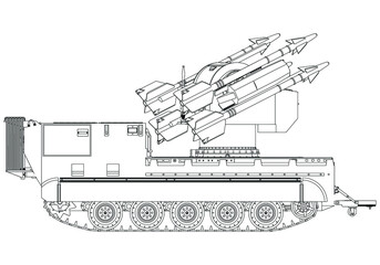 Anti-aircraft missile system. Rockets and shells. Special military equipment. Air Attack. Vector Military machine. Military vehicle logotype.