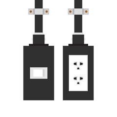 Black power cord vector. Black power cord cable plugged into white wall outlet on white wall with copy space.