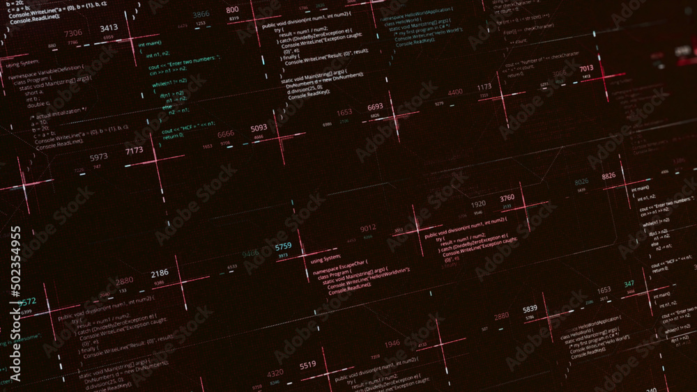 Poster computer black screen with words and code, processing cyber attack. animation. internet technology c