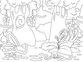 Magical forest. Vector illustration, page coloring book.