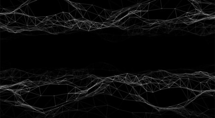 Abstract technology wave of particles. Big data visualization. Vector dark background with motion dots and lines. Artificial intelligence.