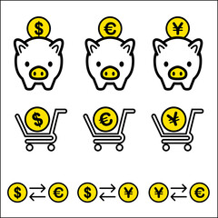 豚の貯金箱とドル、円、ユーロ、カートに通貨両替金融ファイナンスのイメージのシンプルなアイコン・イラストセット