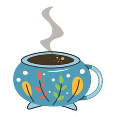 Modern cup of tea or coffee. Vector bright colorful cute clipart. Mug with tea, coffee, matcha, milk with a light swirl of smoke. Flat isolated illustration for drink advertising. hand drawn picture.