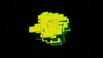 Fototapeta premium Abstract rotating cubic figure. Animation. Abstract multicolored figure of rectangular blocks rotates on black background. Bright cubic figure of blocks rotates and reflects neon colors