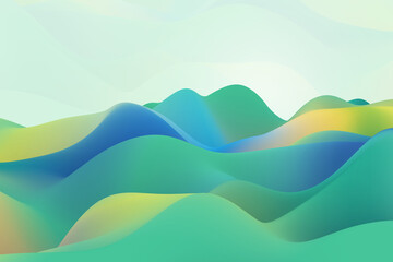 Trendy holographic liquid wave backdrop. Green, yellow and blue wavy fluid gradient 3d rendering background
