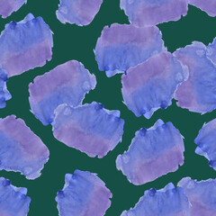 Seamless Pattern with Blue and Violet Watercolor Spots. Hand Drawn Blobs on Green Background.