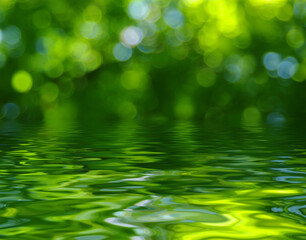 Green blur spring background with water