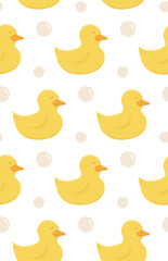 Yellow bath duck pattern background. Cute animal kids toy for water game