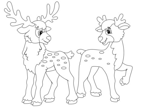 Two deer. Isolated picture. Raster illustration, children coloring book.