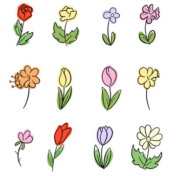 Cartoon Doodle Wildflower Floral Sketches in Vector Icon Design