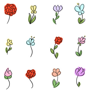 Cartoon Doodle Wildflower Floral Sketches in Vector Icon Design