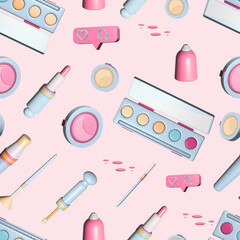 Pattern of cosmetics products on pink background. Colorfull 3d illustration.