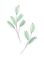 Vector contour silhouette contemporary drawing. Line art leaves illustration isolated on white. Floral design element for print, branding, card, poster. Abstract branch sketch.