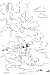 Hare sits on tree stump. Against background of forest. Raster illustration, coloring book.