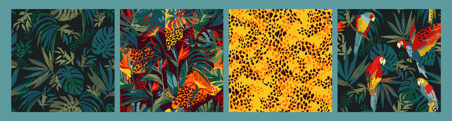 Set of abstract tropical seamless patterns. Parrots, tropical plants, animal print. Modern exotic design