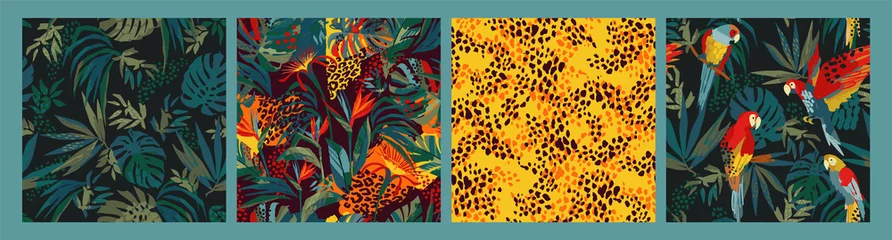 Foto op Aluminium Set of abstract tropical seamless patterns. Parrots, tropical plants, animal print. Modern exotic design © Nadia Grapes