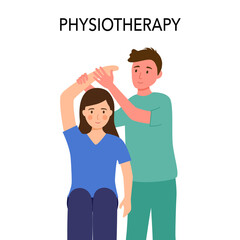 Physiotherapy or injury rehabilitation treatment concept vector illustration. Physiotherapist help female patient to do physiotherapy exercise.
